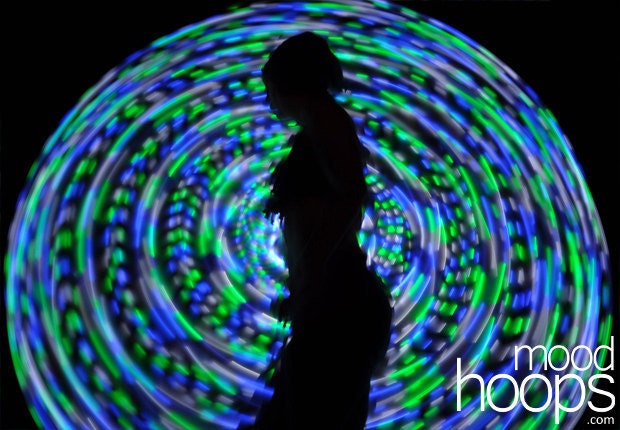 LED hula hoop - Muse 38in. - UV-white-green ribbon blue-white-green strobe, UV-white-blue ribbon, by Moodhoops