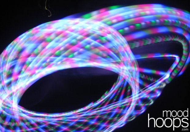 LED hula hoop - Lotus 36in. OR 33in. - pink-green-blue ribbon LEDs & pink-white-green strobing LEDs, by Moodhoops