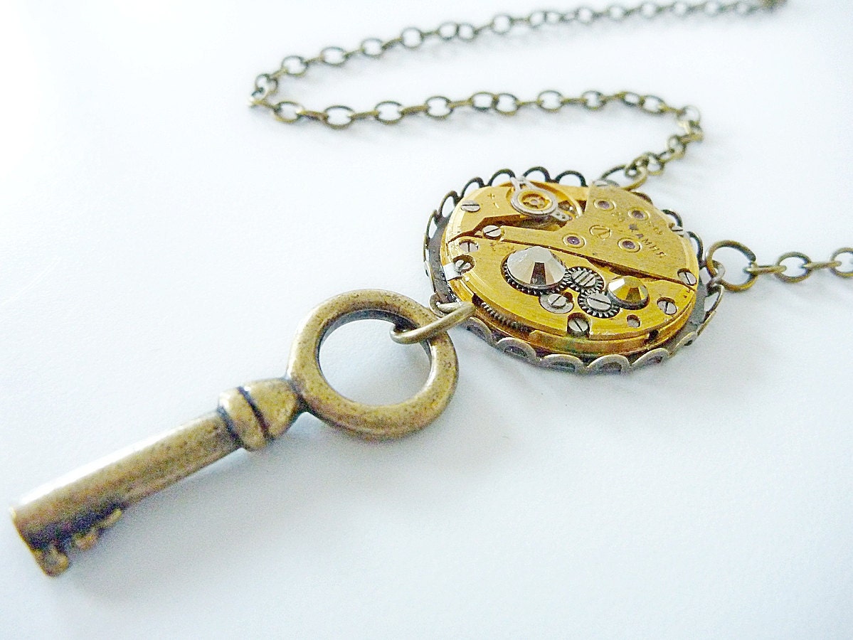 Steampunk necklace, Vintage watch pendant with swarovski crystals and key , funky Timeless Relic