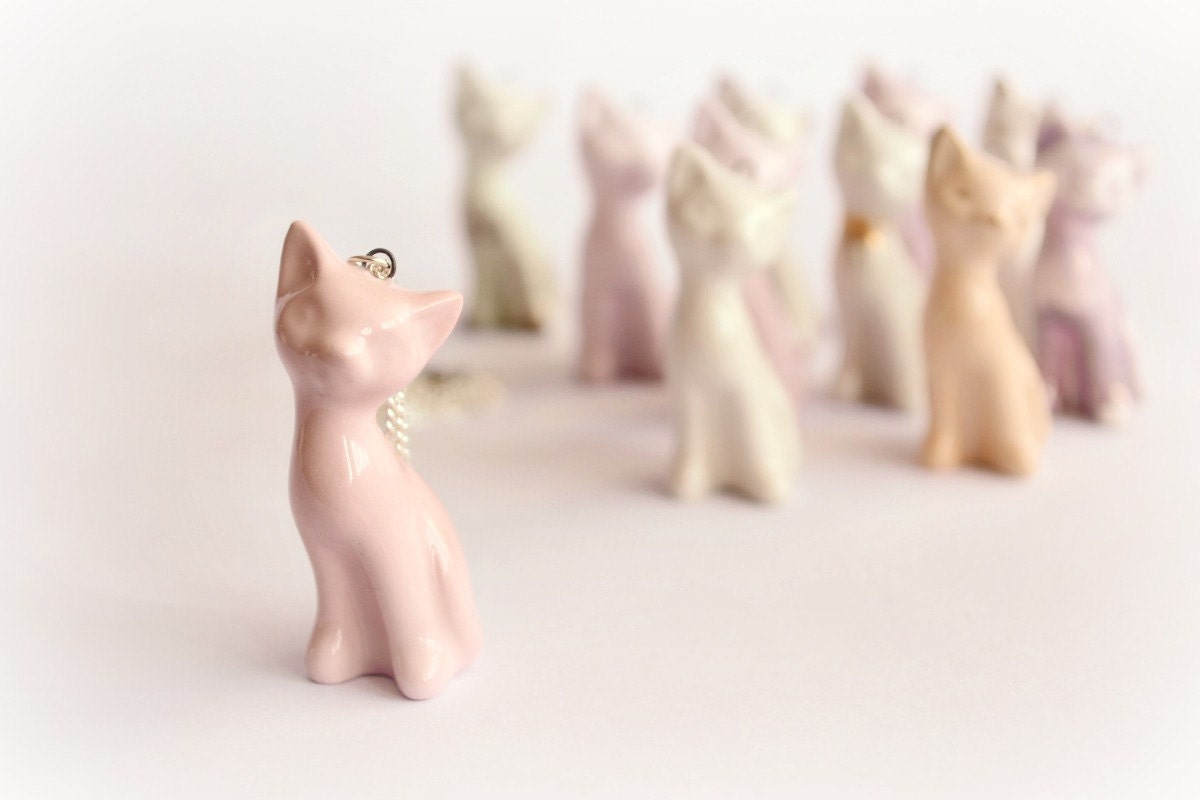 Handmade ceramic kitten in fine delicate shape - ceramic cat necklace pendant in pink - jewelry gift Etsy UK