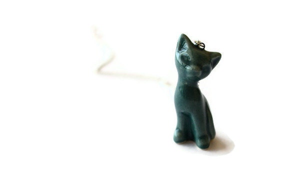 Emerald green - ceramic handmade kitten, cat necklace, dark green, silver plated chain