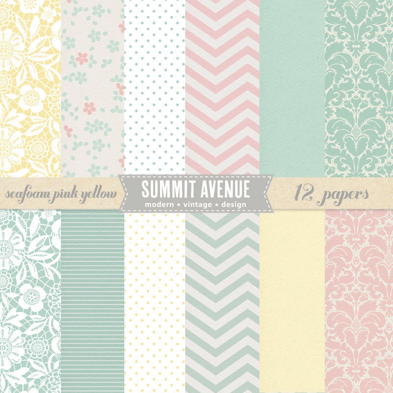 INSTANT DOWNLOAD Personal use Seafoam Pink & Yellow digital scrapbook paper pack n' patterns