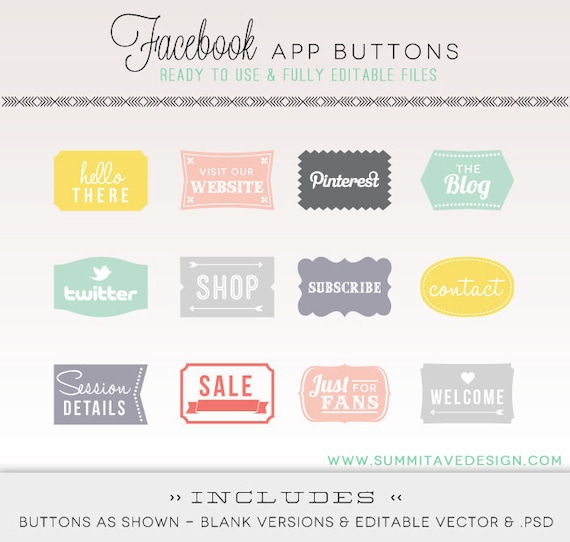 INSTANT DOWNLOAD Facebook Timeline Tab Images - App buttons - social icons