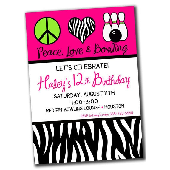Printable, Digital, Peace Love Bowling Birthday Party Invitation- Zebra with Hot Pink