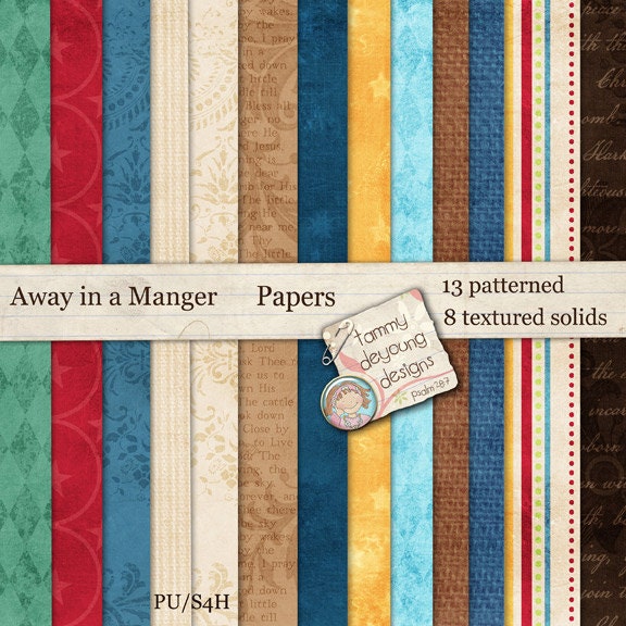 Nativity Digital Papers, Christmas Away in a Manger word art and textures