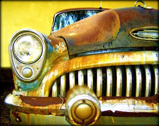 Vintage Dreams - Rusty Old Car Artwork photography 11x14 Print Head Light Yellow Brown Blues - awpphotography