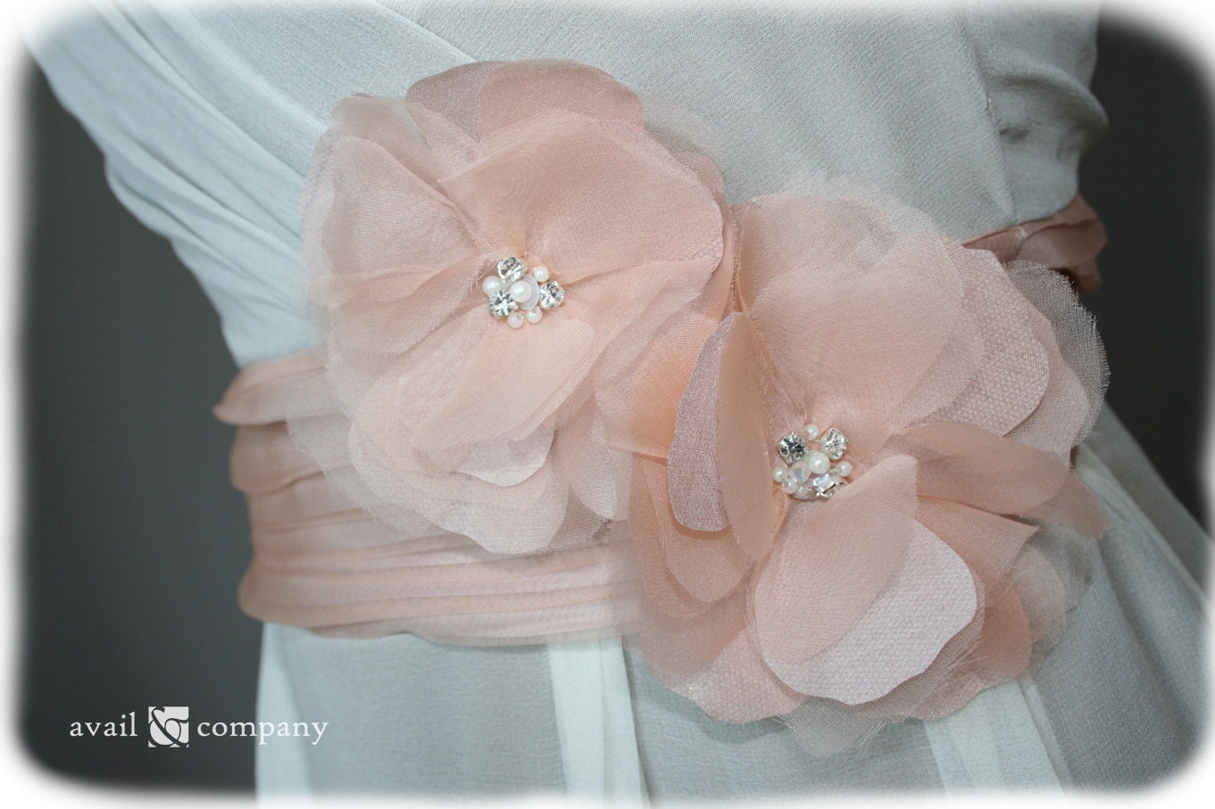 Strapless Vintage Style Silk Chiffon Dress with Fabric Flowers, Custom Made in your size