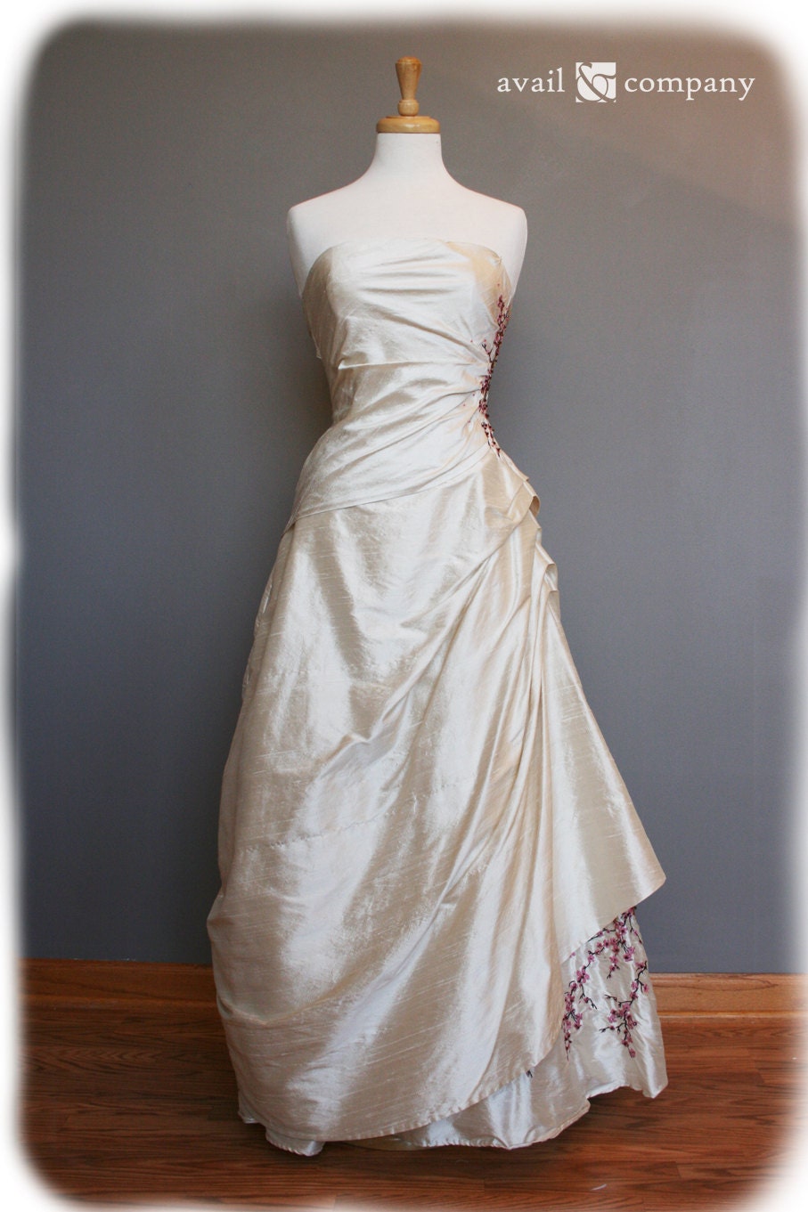 Cherry Blossom Wedding Dress Pink and Brown on Pearl Silk Duppioni, Custom Made in your size