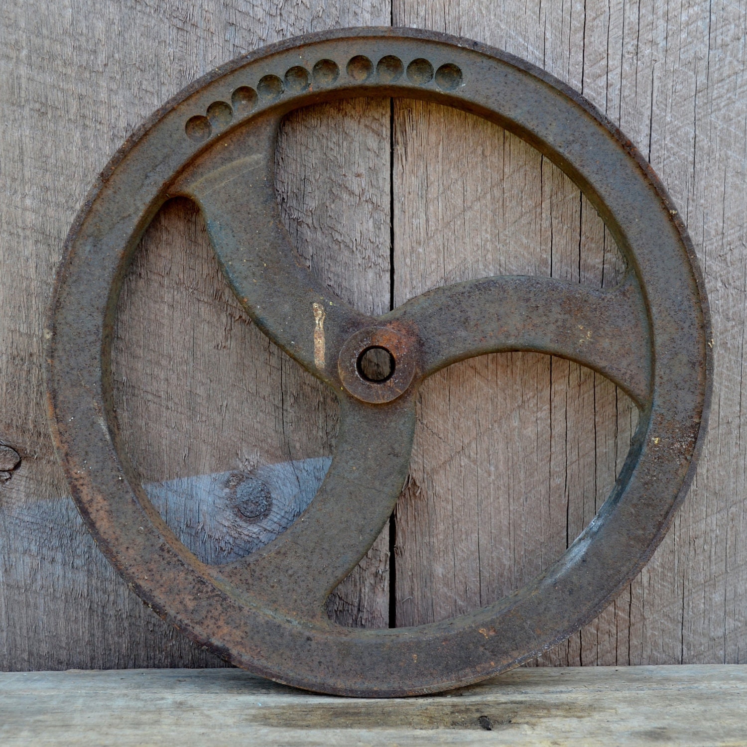 Cast Iron Pulley Wheel Industrial Rustic Farm Salvage Garden Wall Decor - RibbonsAndRetro
