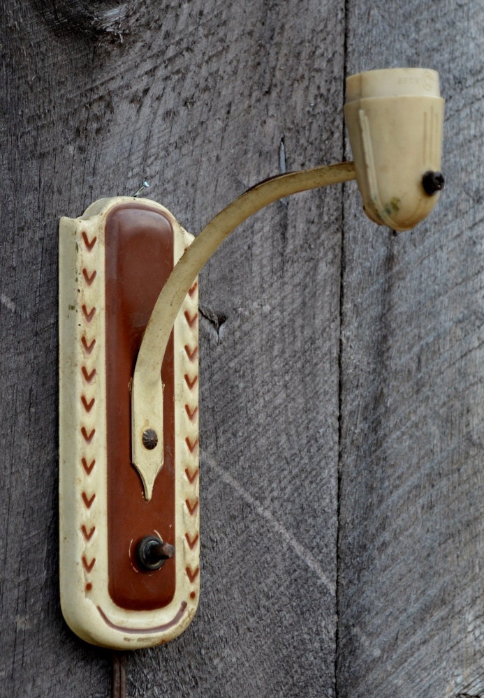 Wall Sconce Metal Electric Light Fixure Art Deco Brown Cream 1930's