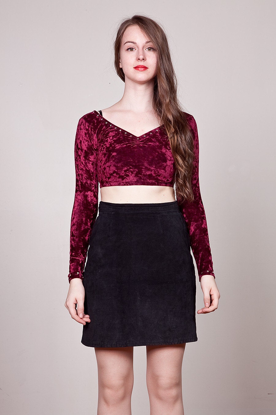 Vintage 90s Ultra Crop Top / Burgundy Red Crushed Velvet Jeweled Cropped Top S