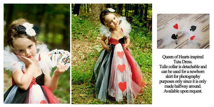 Queen of Hearts inspired tutu dress. Crocheted red and black top. White tutu collar with spades and hearts. Featured in Model Life magazine