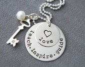 Hand Stamped School Teacher Necklace - Stacked Key Birthstone