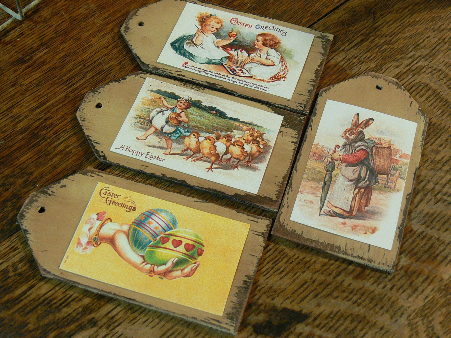 Primitive Wood Tags Prim Paint DIY Decopage Vintage Easter Post Cards Kit