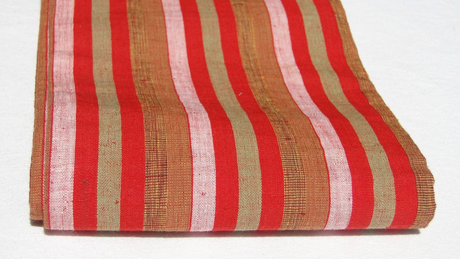 Silk Obi, Red Multi Striped Vintage Japanese Tsumugi / Pongee