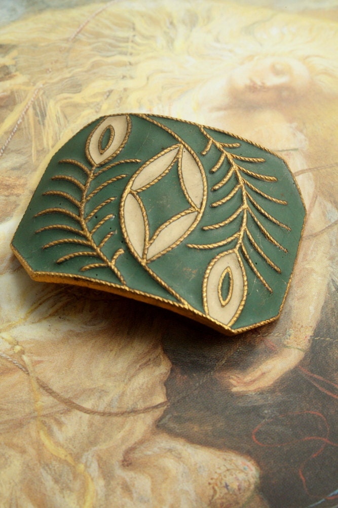 Vintage AMAZING RARE Original Old Brass Green Matte Enamel Buckle