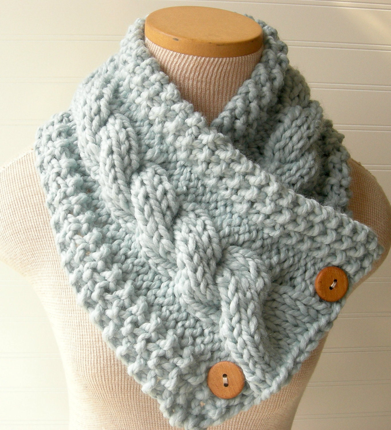 Glacier Blue Knitted Chunky Scarf, Button Cowl
