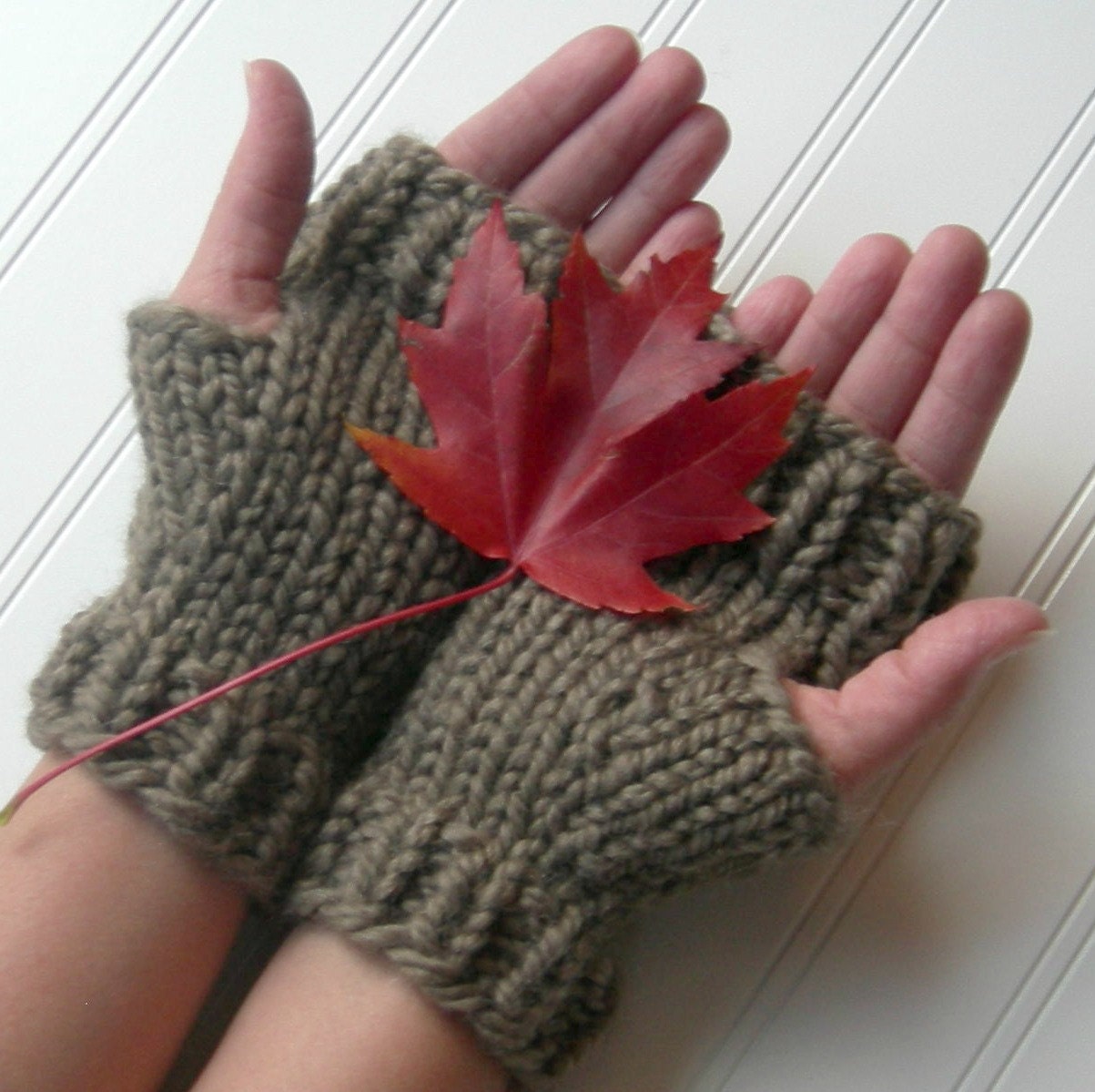Chunky Wool Mitts/ Fingerless Gloves/ Tan Taupe Brown