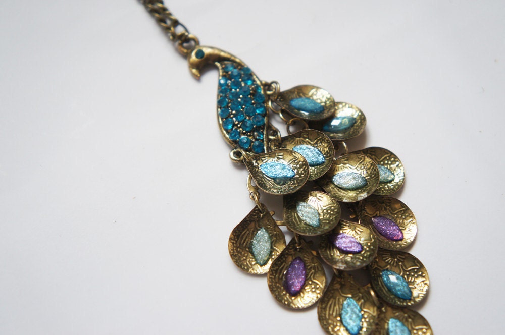 Sky Blue Rhinestone Phoenix Necklace in Antiqued Brass