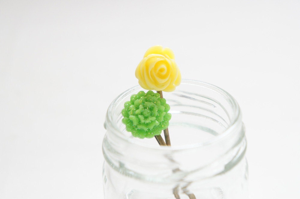 Flower Hair Clip - Rose and Chrysanthemum - Glitter Neon Green Yellow Set