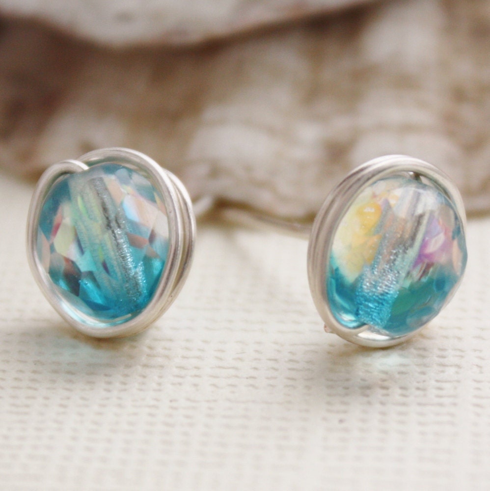Blue earrings stud wire wrapped- nickel free silver plated wire