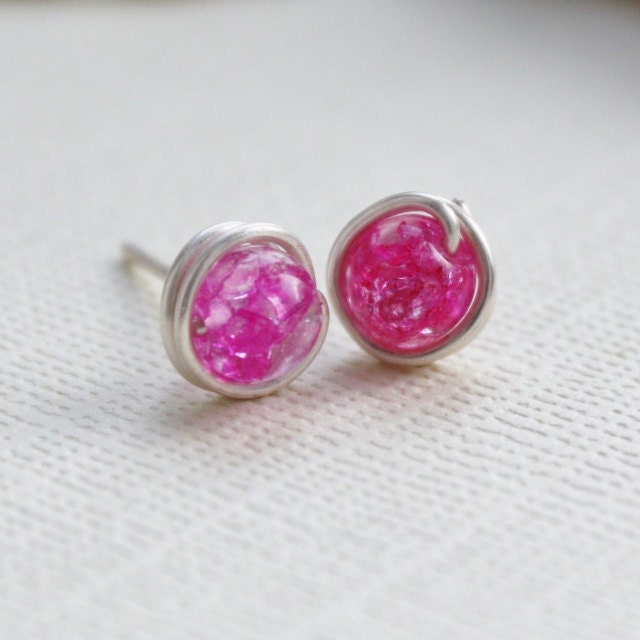 Nickel free, stud earrings, pink crackle glass, silver plated non tarnish copper wire