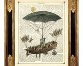Airship Umbrella - Vintage Victorian Book Page Art Print Steampunk