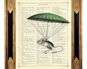 Mouse hanging by a green Parachute - Vintage Victorian Book Page Art Print Steampunk