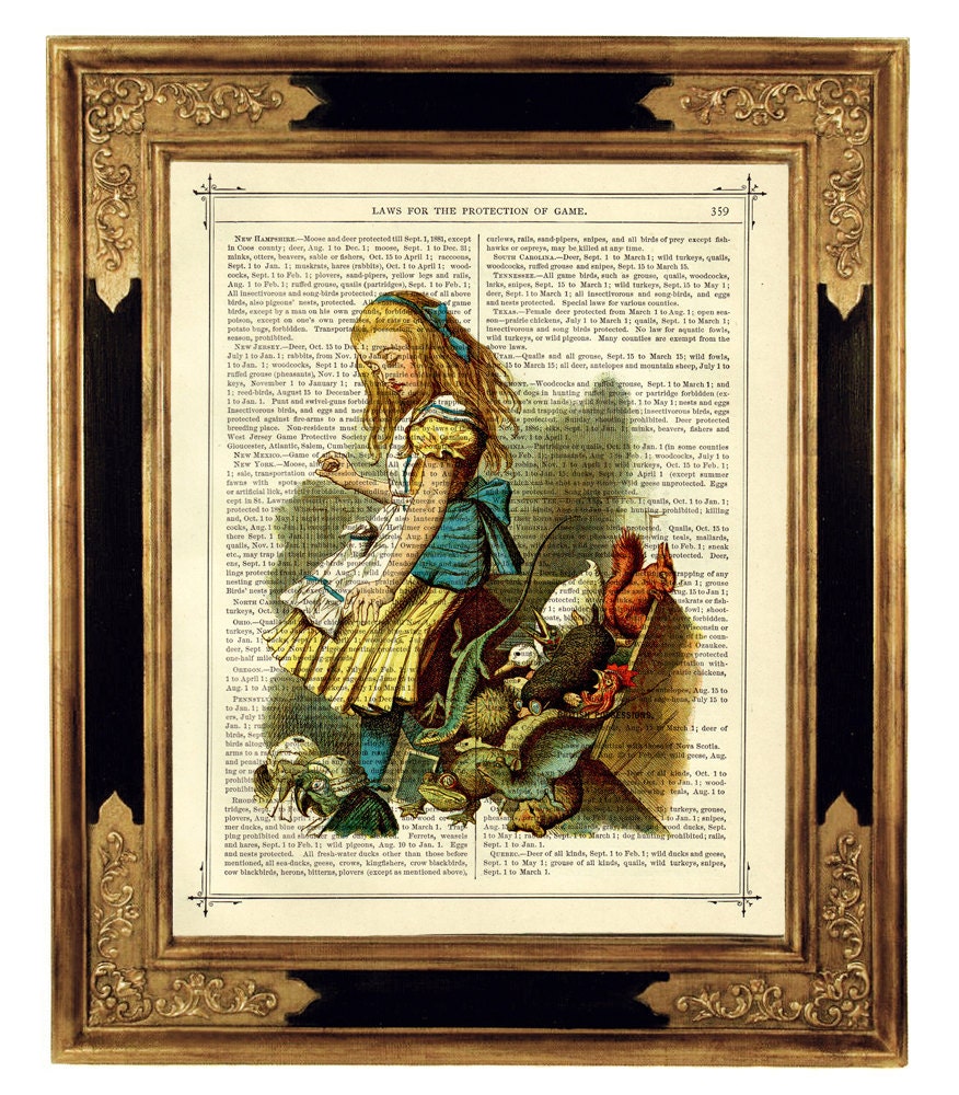 Alice in Wonderland with the Animals color - Vintage Victorian Book Page Art Print Steampunk