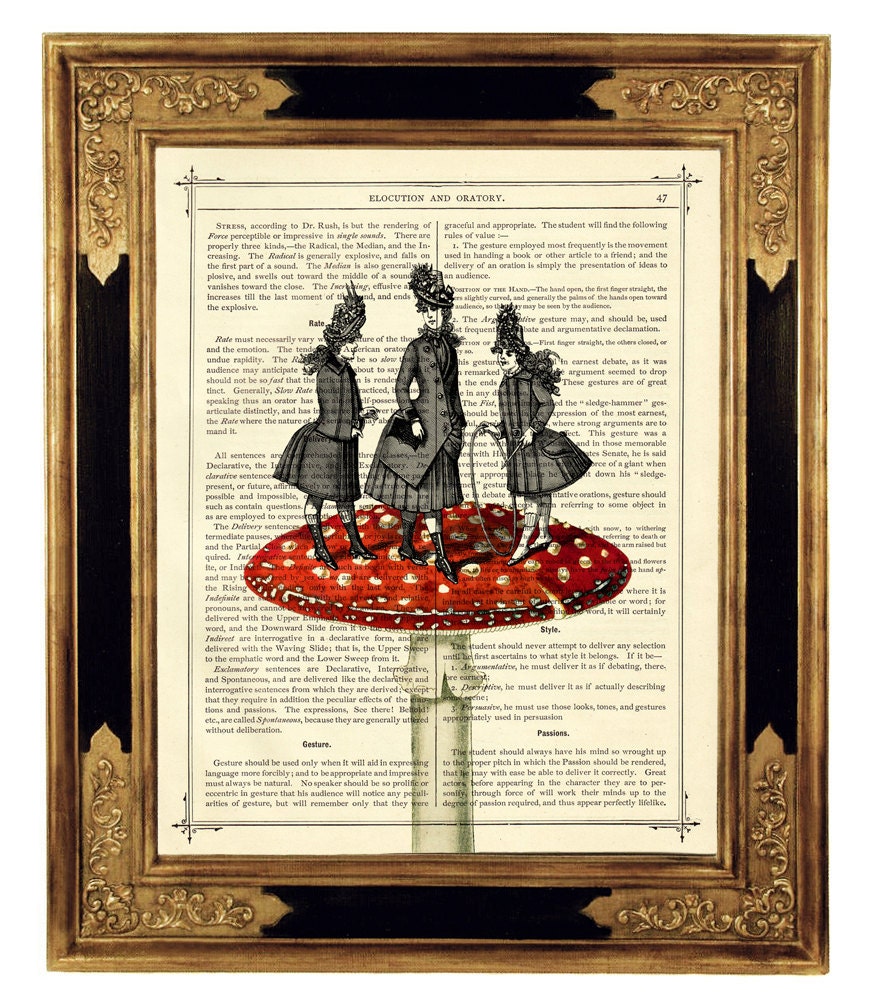 Girls playing on a Mushroom - Vintage Victorian Book Page Art Print Steampunk