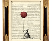 Bunny Rabbit holding a red Balloon - Vintage Victorian Book Page Art Print Steampunk
