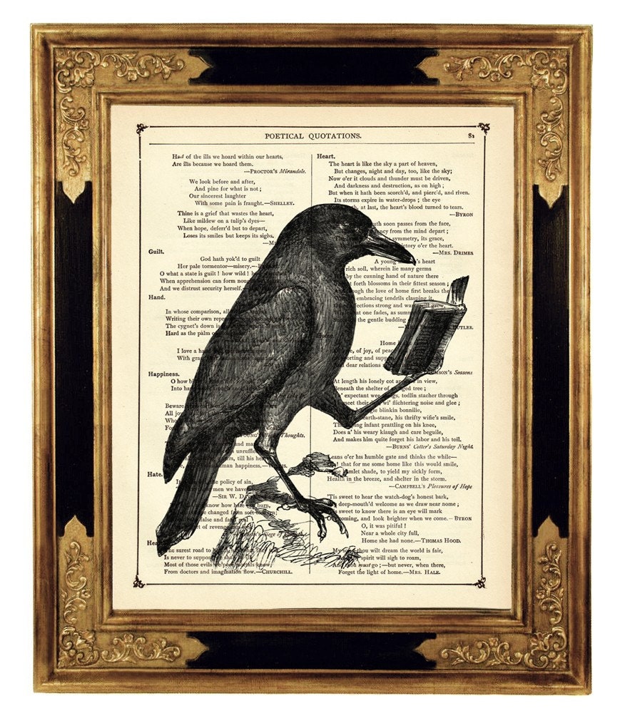 Raven Crow reading a book Animal Natural History - Vintage Victorian Book Page Art Print Steampunk