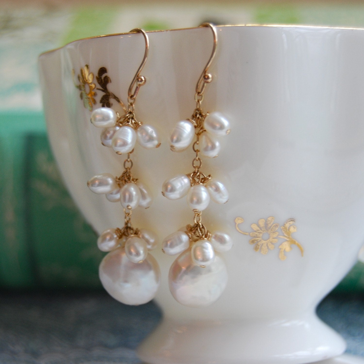 Organic Coin Pearl Gold Dangle Earring