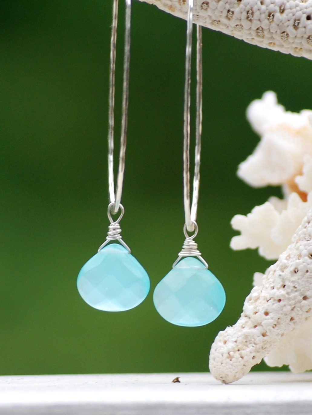 Hammered Sterling Silver Hoops with Chalcedony Teardrops by FlirtyGems