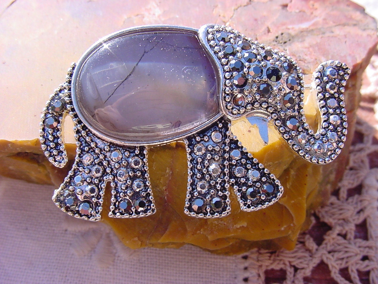 Vintage Lucky Elephant Brooch with Marcasite & Mother of Pearl