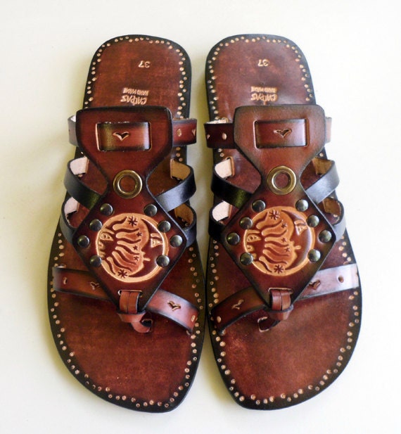 Lovely Sun And Moon Flat Slip On Handpainted Sandals - Imagination
