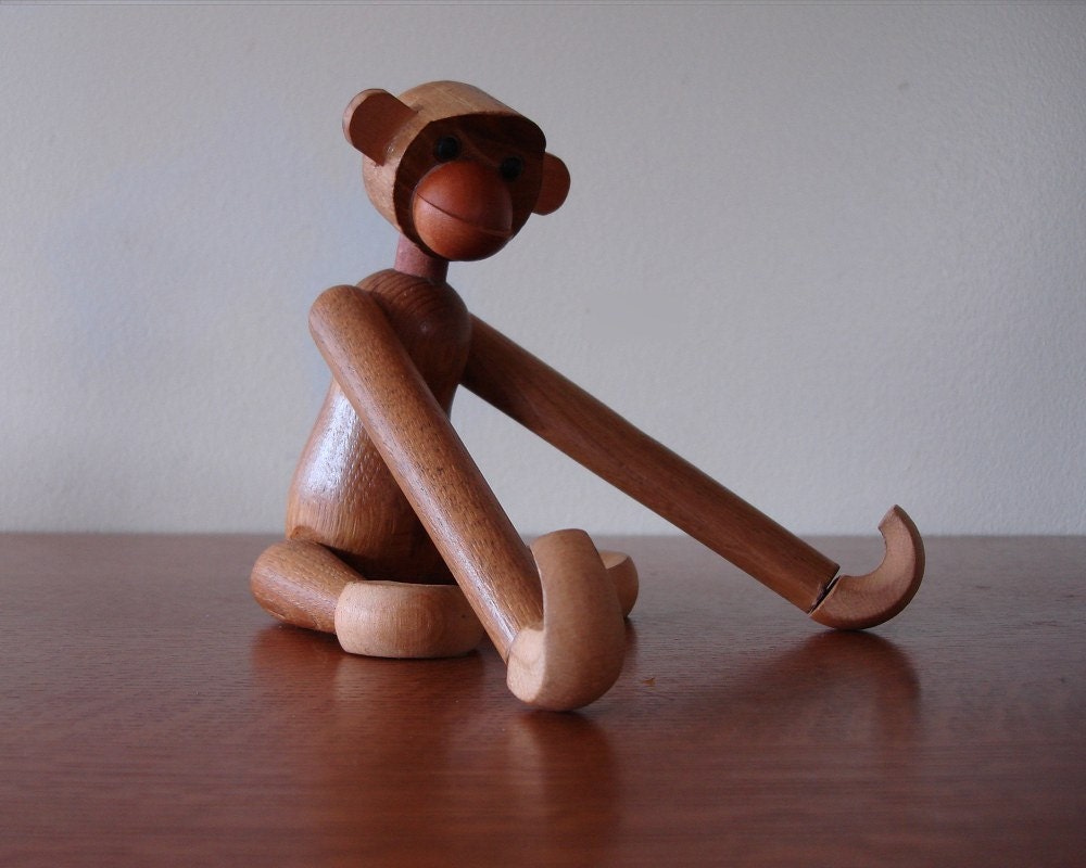 Kay Bojesen Style Monkey Danish Modern Mid Century Vintage Wooden Toy 1950s 50s