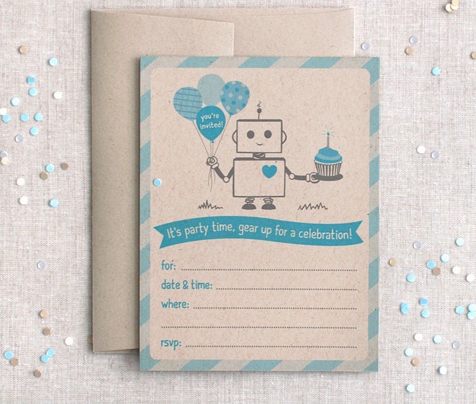 Printed Birthday Invitations, Set of 12 - Robot, Brown & Blue, Fill In, Recycled - For Boys, Party, Shower