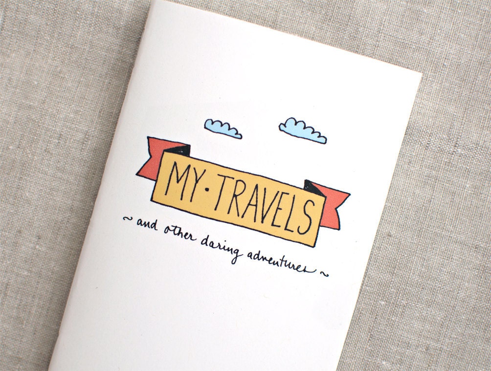 My Travels Journal & Pencil Set, Mini Sketchbook - Hand Drawn, Eco Friendly - Mustard Yellow Orange