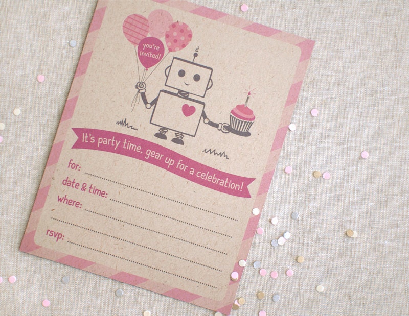 Robot Party Invitations, Set of 12 - Brown and Magenta Pink For Girls, Fill In, Eco Friendly Printed - Birthday Party, Shower