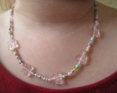 Kid's Beaded Necklace, Pink Butterflies, Magnetic Clasp Childrens Jewelry