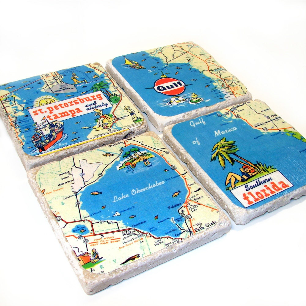 Florida Waters Vintage Map Stone Coasters - Set of 4
