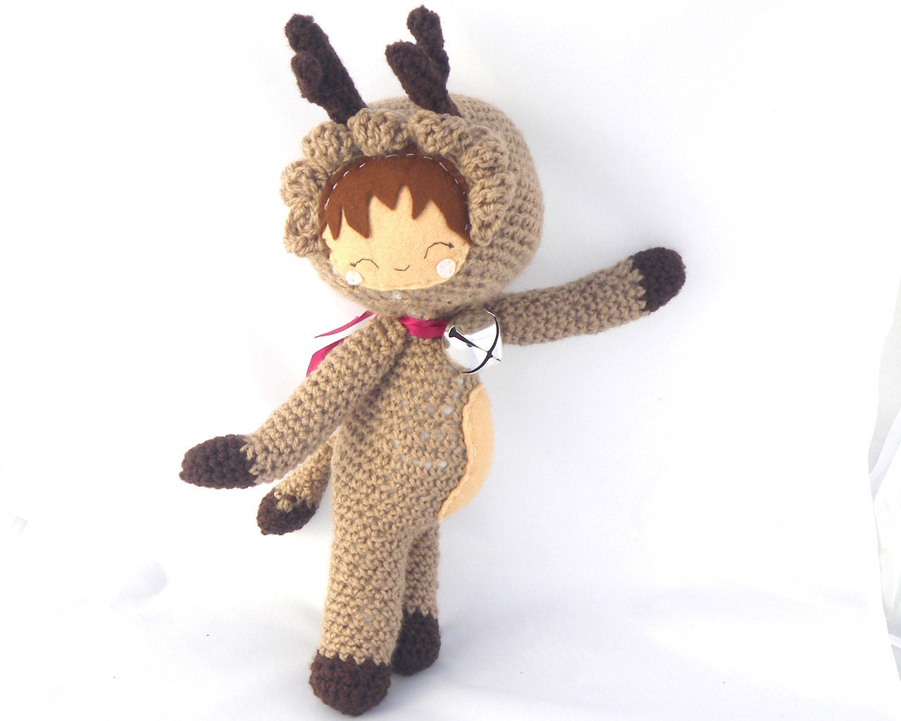 Christmas amigurumi reindeer girl plush stuffed doll cosplay crochet brown fawn OOAK Xmas gift wrapped silver jingle bell ribbon