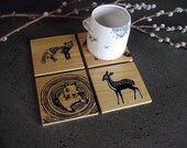 Woodland Coasters, salvaged white cedar, fox, squirrel, deer, racoon