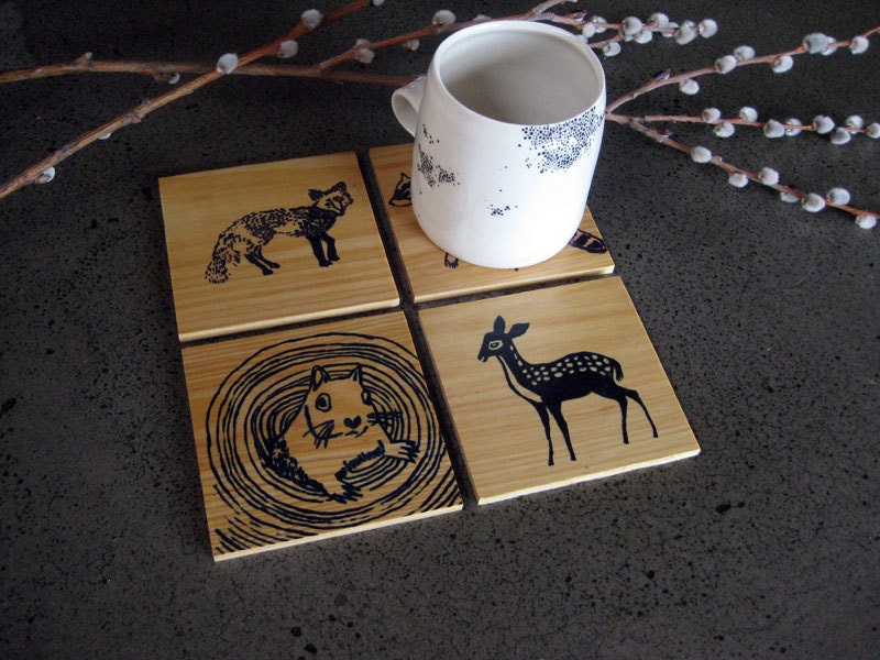 Woodland Coasters, salvaged white cedar, fox, squirrel, deer, racoon