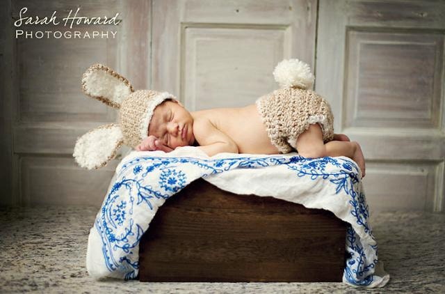 Baby Bunny Hat and Diaper Cover Set-Newborn Easter or Halloween Photo Prop