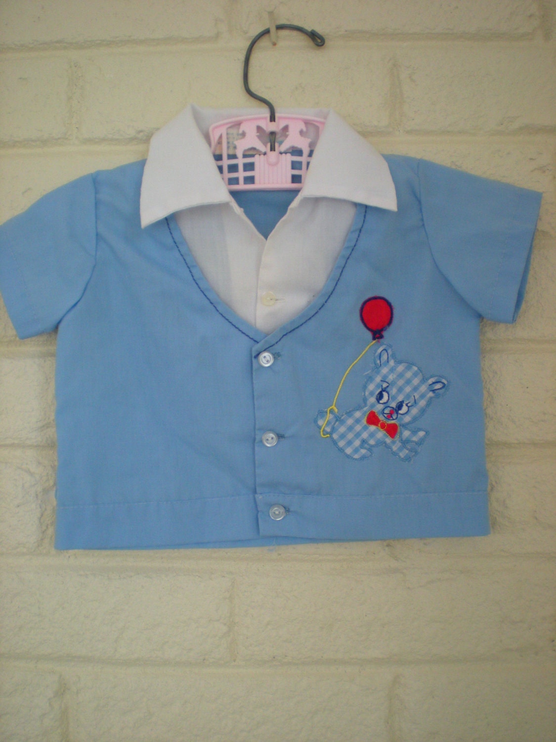 Clearance Sale, The Gingham Dog, Vintage Blue Bowling Style Shirt, 3 Months