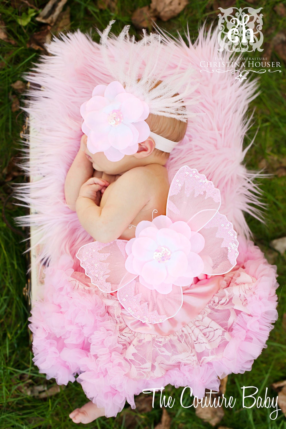 Baby Pink Sequin Vintage Butterfly Wings and Headband Set accented with ostrich feathers Beautiful Photo Prop First Photos