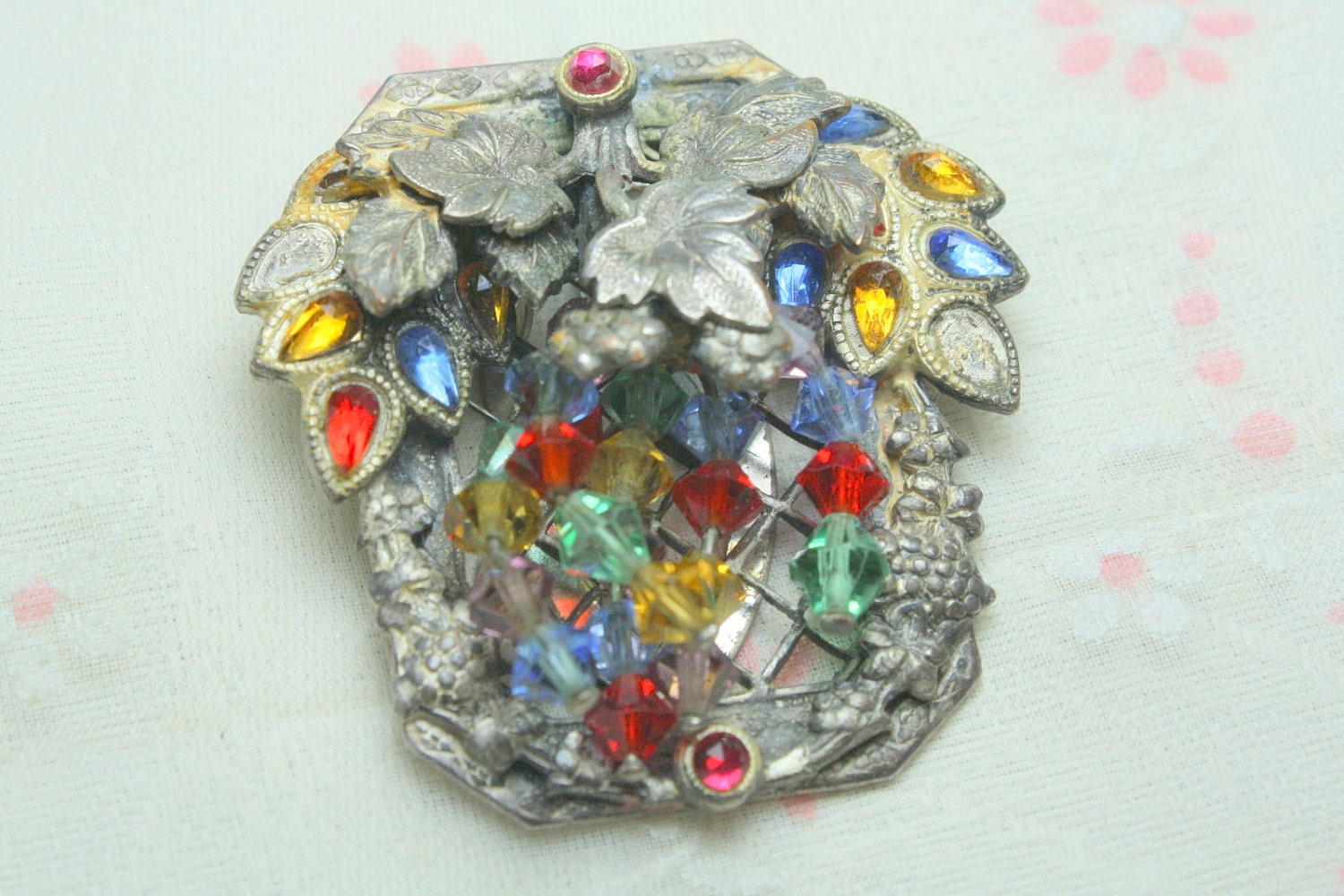 Funky Broken But Beautiful Art Deco Pot Metal Colorful Glass Dress Clip Excellent Piece for Assemblage
