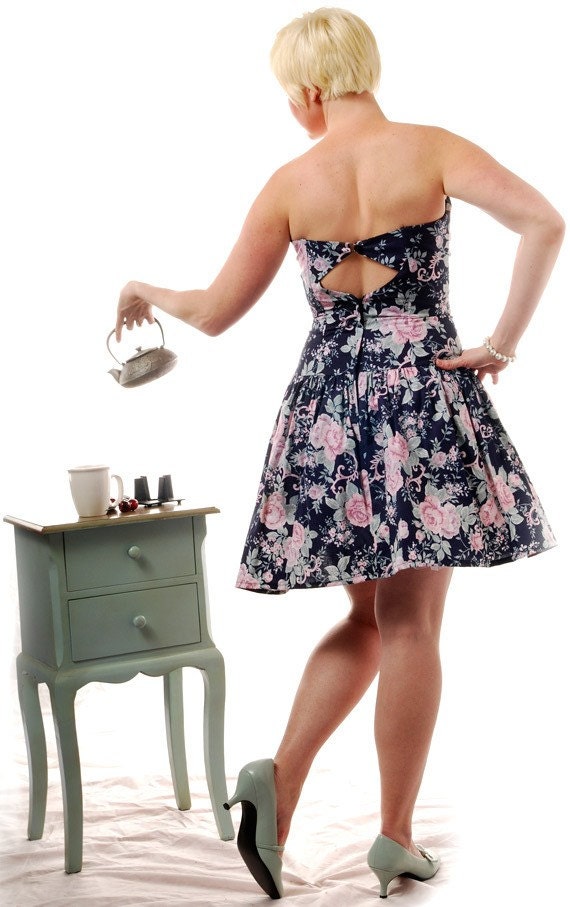 Vintage Tea Time -Up-cycled- back cut out- floral- dress -cocktail- formal- size med